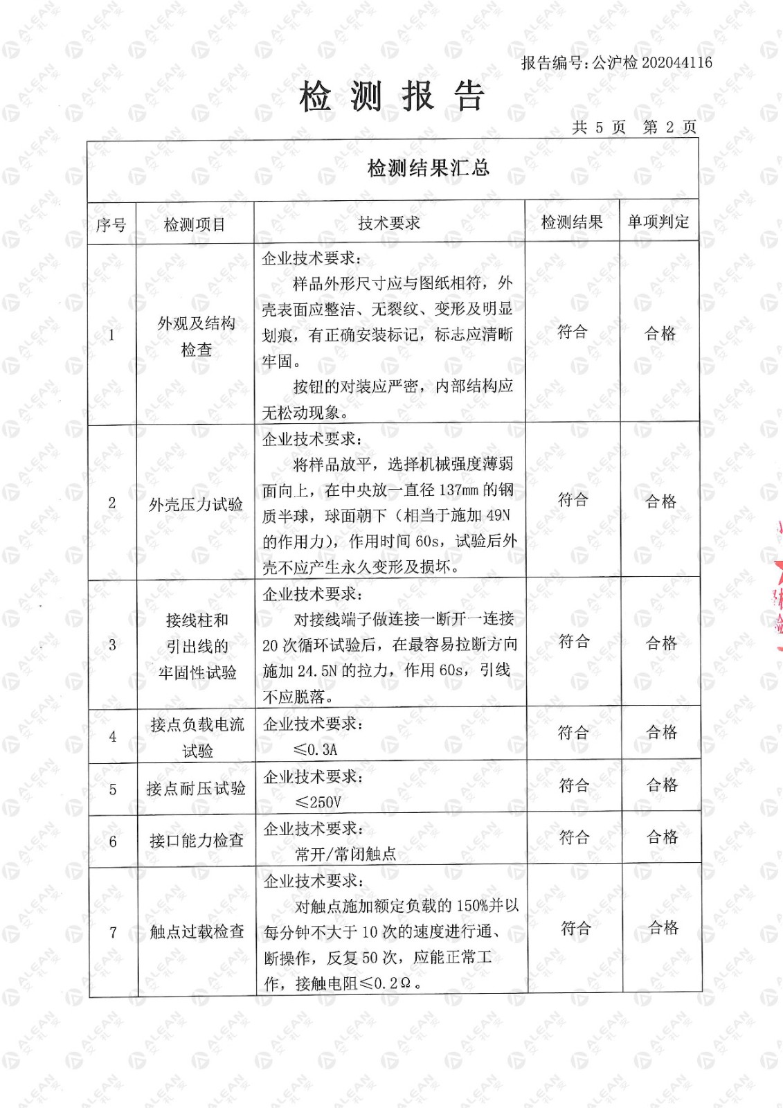 AL-01x系列紧急按钮检验检测报告